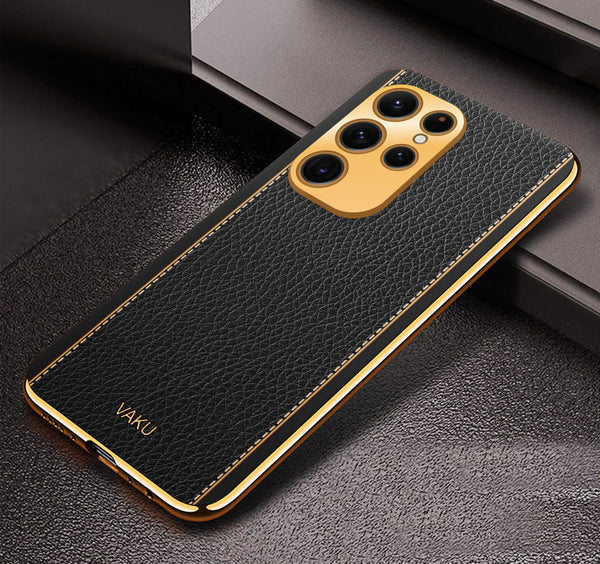 Vaku® Samsung Galaxy S23 Ultra Luxemberg Series Leather Stitched Gold Electroplated Soft TPU Back Cover