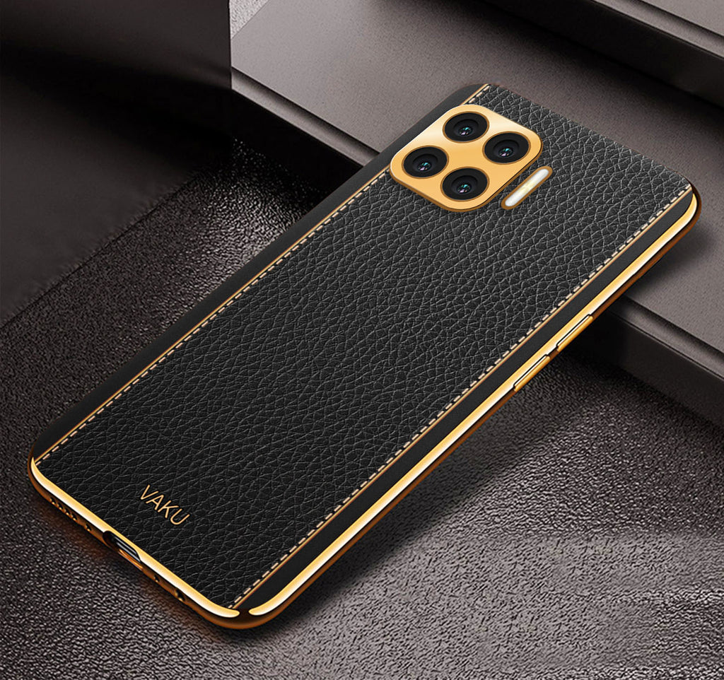 Vaku® Oppo F17 Pro Luxemberg Series Leather Stitched Gold Electroplated Soft TPU Back Cover
