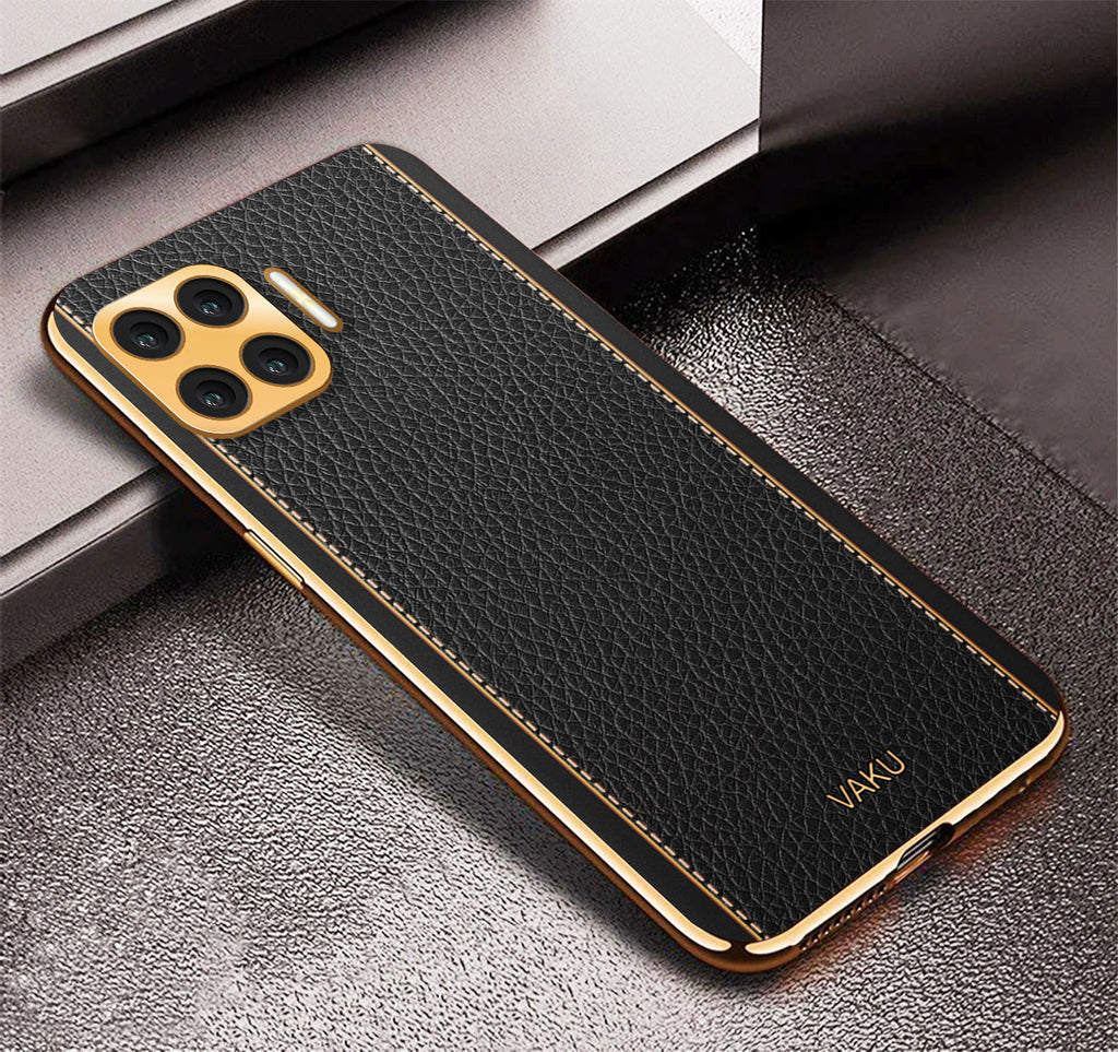 Vaku® Oppo F17 Luxemberg Series Leather Stitched Gold Electroplated Soft TPU Back Cover