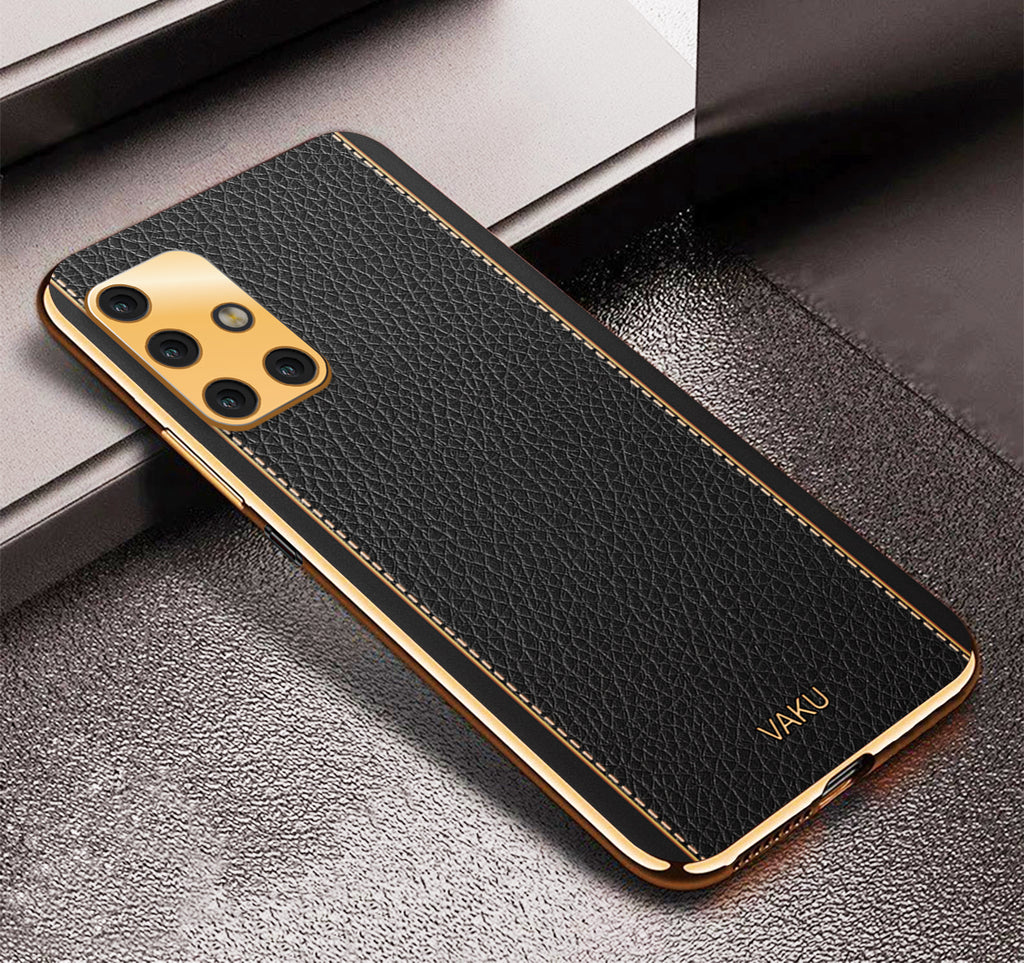 Vaku® Samsung Galaxy A51 Luxemberg Series Leather Stitched Gold Electroplated Soft TPU Back Cover