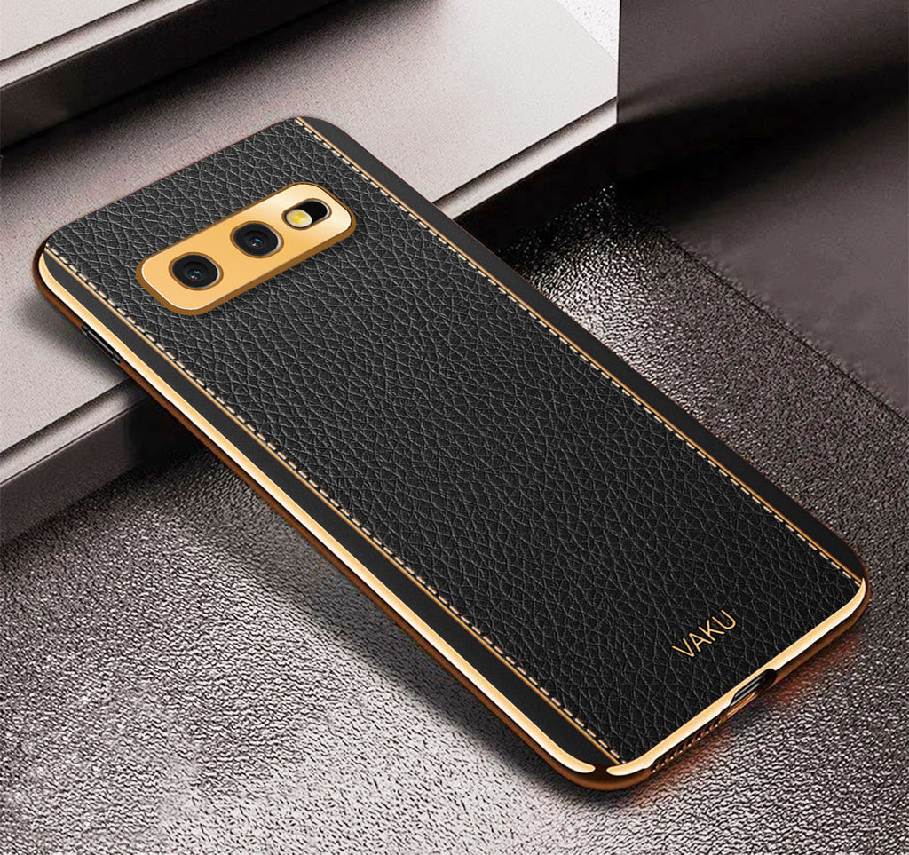 Vaku® Samsung Galaxy S10e Luxemberg Leather Stitched Gold Electroplated Soft TPU Back Cover