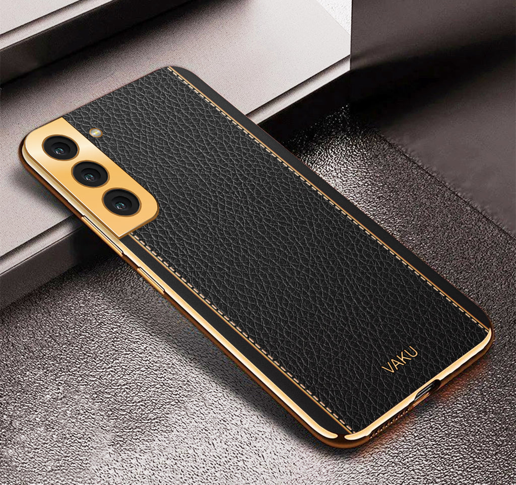 Vaku® Samsung Galaxy S21 Plus Luxemberg Series Leather Stitched Gold Electroplated Soft TPU Back Cover