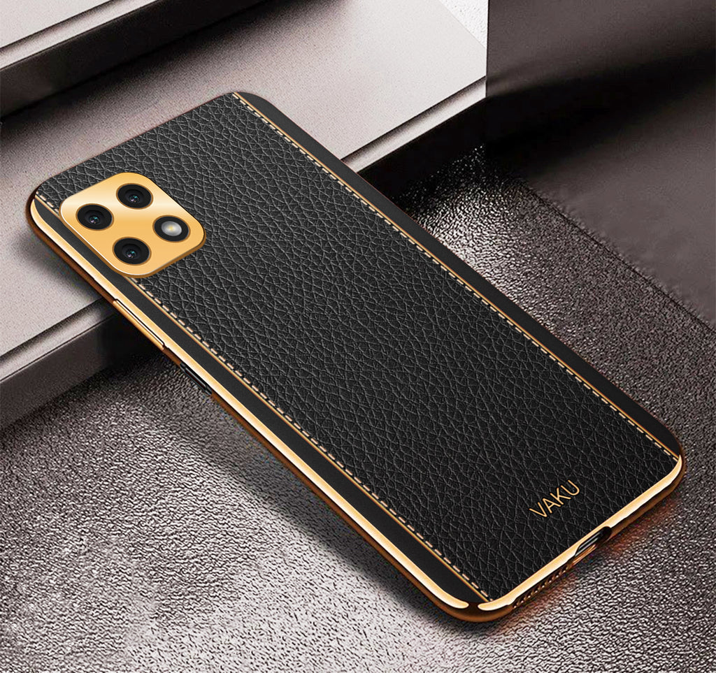 Vaku® Samsung Galaxy A22 5G Luxemberg Series Leather Stitched Gold Electroplated Soft TPU Back Cover