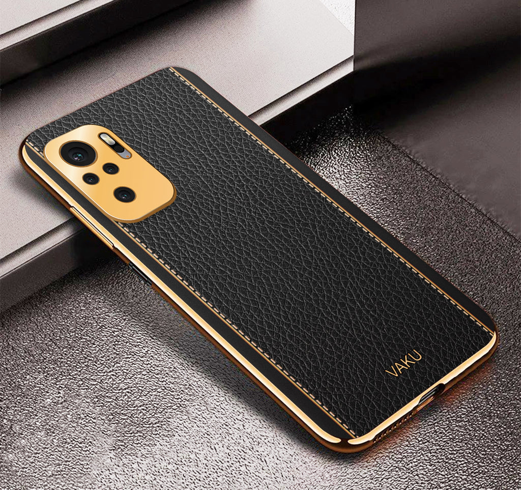 Vaku® Redmi Note 10S Luxemberg Series Leather Stitched Gold Electroplated Soft TPU Back Cover