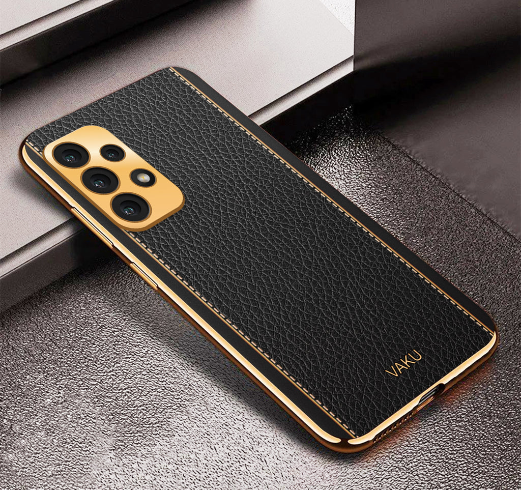 Vaku® Samsung Galaxy A52 Luxemberg Series Leather Stitched Gold Electroplated Soft TPU Back Cover