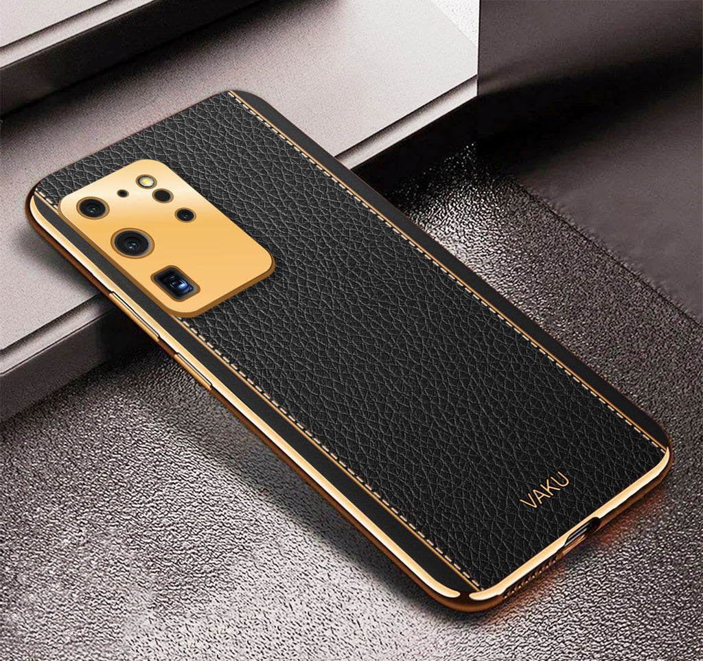 Vaku® Samsung Galaxy S20 Ultra Luxemberg Series Leather Stitched Gold Electroplated Soft TPU Back Cover