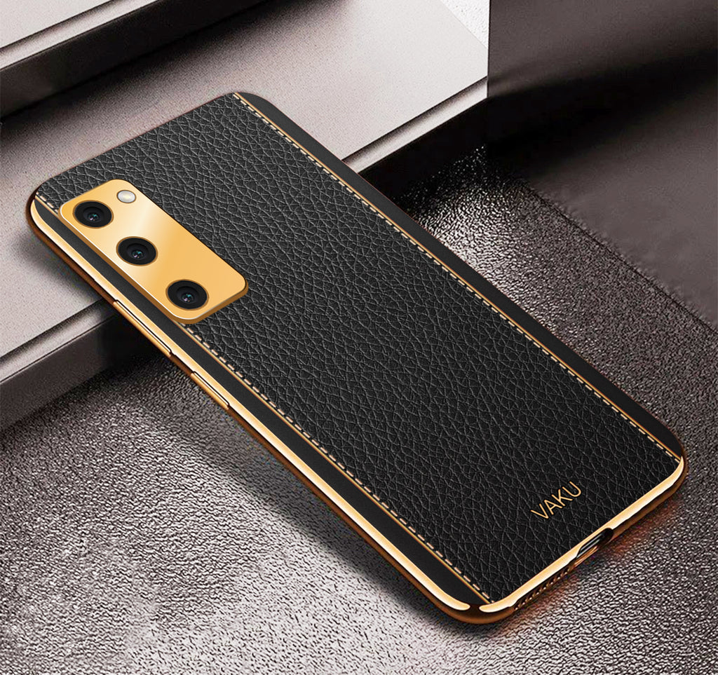 Vaku® Samsung Galaxy S20 FE Luxemberg Series Leather Stitched Gold Electroplated Soft TPU Back Cover