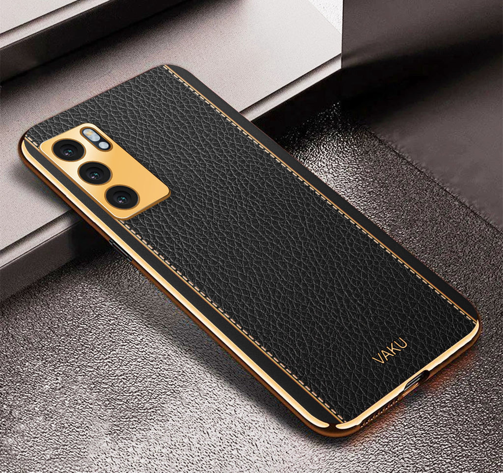 Vaku® Oppo Reno6 5G Luxemberg Series Leather Stitched Gold Electroplated Soft TPU Back Cover