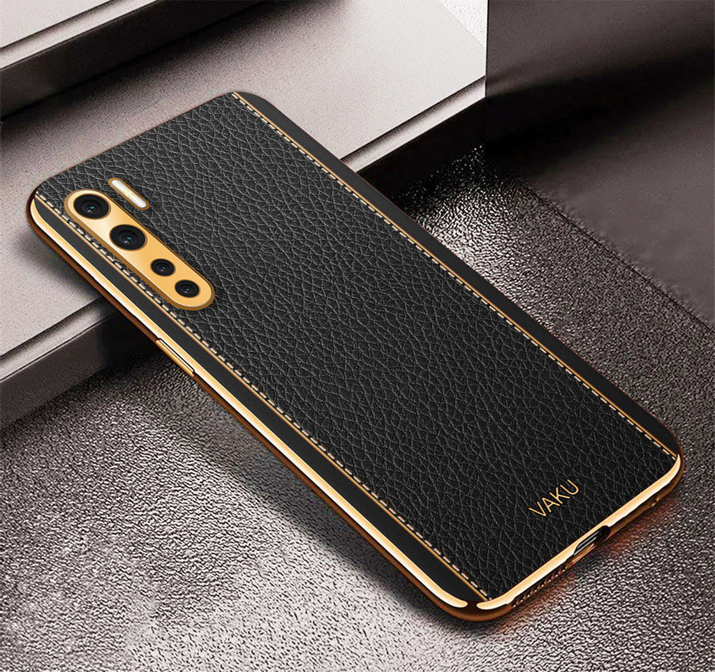 Vaku® Oppo F15 Luxemberg Series Leather Stitched Gold Electroplated Soft TPU Back Cover