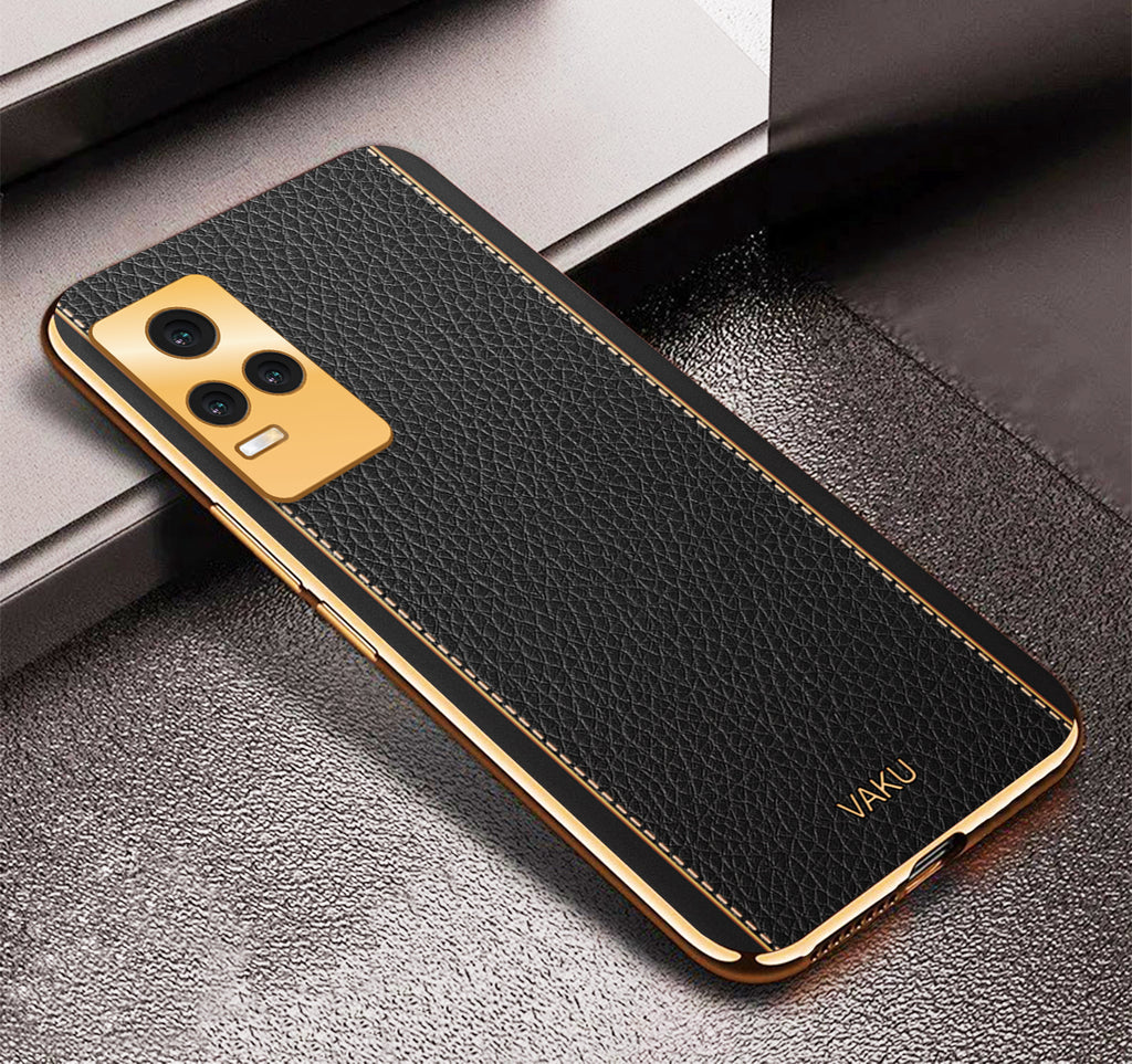 Vaku® Vivo Y73 Luxemberg Series Leather Stitched Gold Electroplated Soft TPU Back Cover