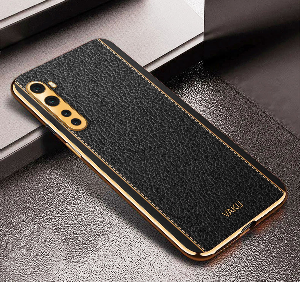 Vaku® Oneplus Nord Luxemberg Series Leather Stitched Gold Electroplated Soft TPU Back Cover