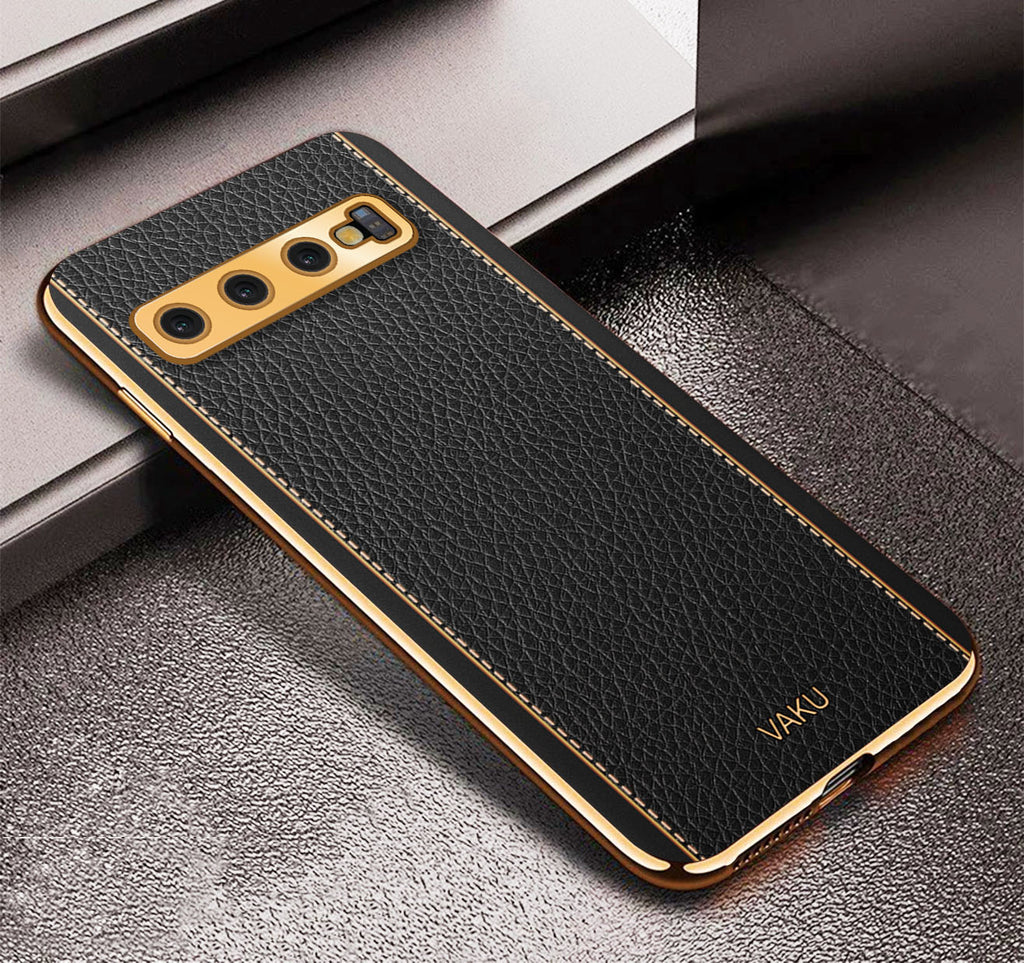 Vaku® Samsung Galaxy S10 Luxemberg Series Leather Stitched Gold Electroplated Soft TPU Back Cover
