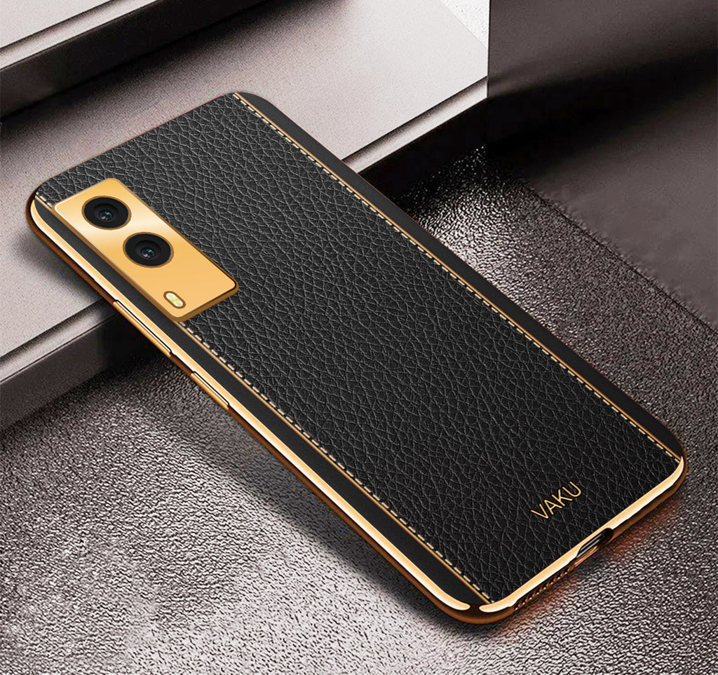 Vaku® Vivo V21e 5G Luxemberg Series Leather Stitched Gold Electroplated Soft TPU Back Cover