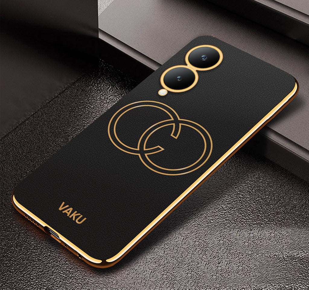 Vaku ® Vivo Y17s Skylar Leather Pattern Gold Electroplated Soft TPU Back Cover