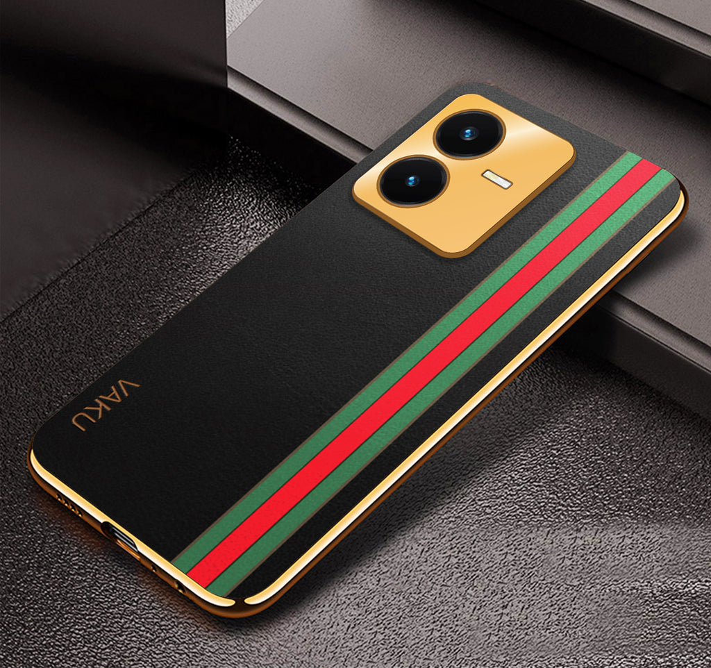 Vaku ® Vivo Y22 Felix Line Leather Stitched Gold Electroplated Soft TPU Back Cover Case