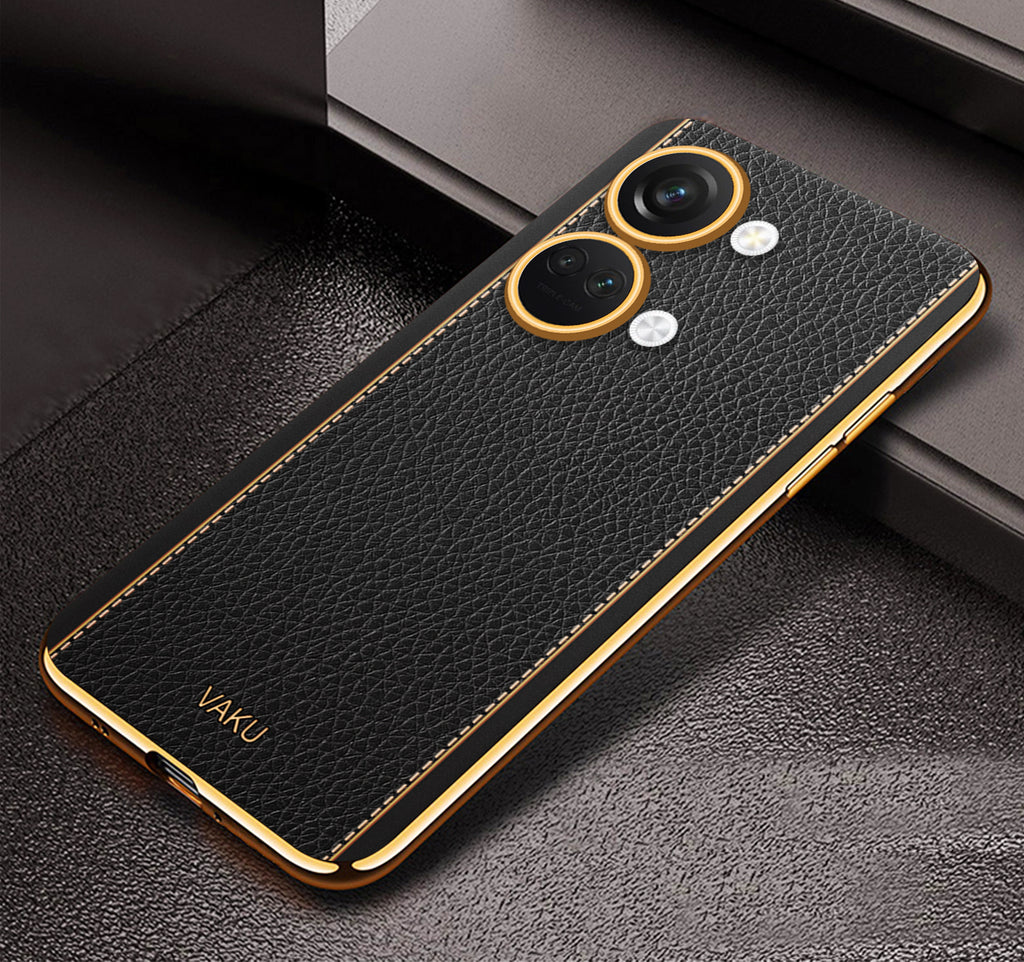 Vaku® OnePlus Nord 3 Luxemberg Series Leather Stitched Gold Electroplated Soft TPU Back Cover