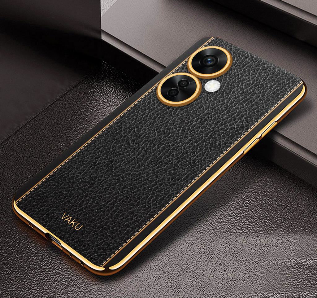 Vaku® OnePlus Nord CE 3 Lite 5G Luxemberg Series Leather Stitched Gold Electroplated Soft TPU Back Cover