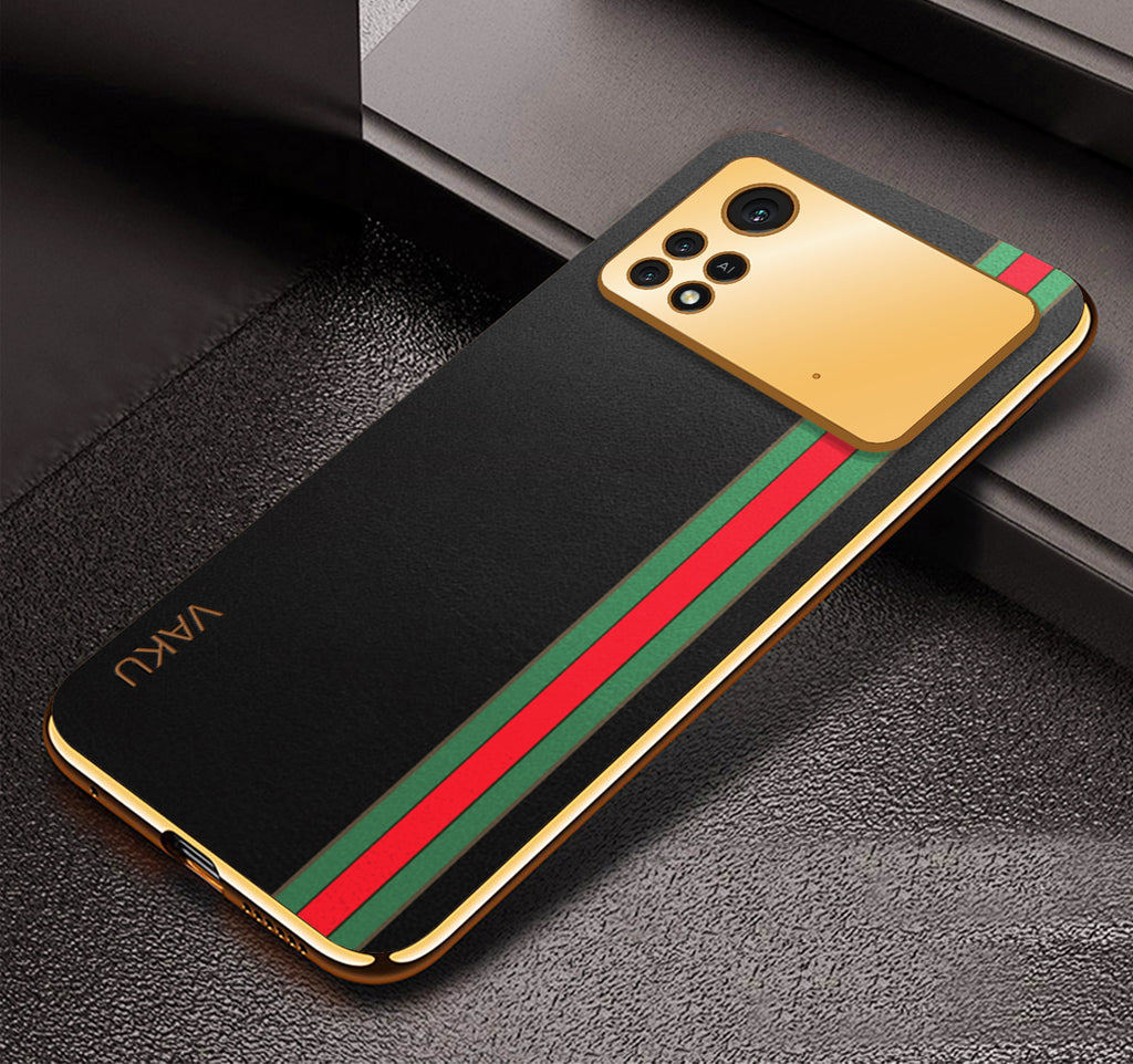 Vaku® Xiaomi Poco M4 Pro 5G Felix Line Leather Stitched Gold Electroplated Soft TPU Back Cover Case