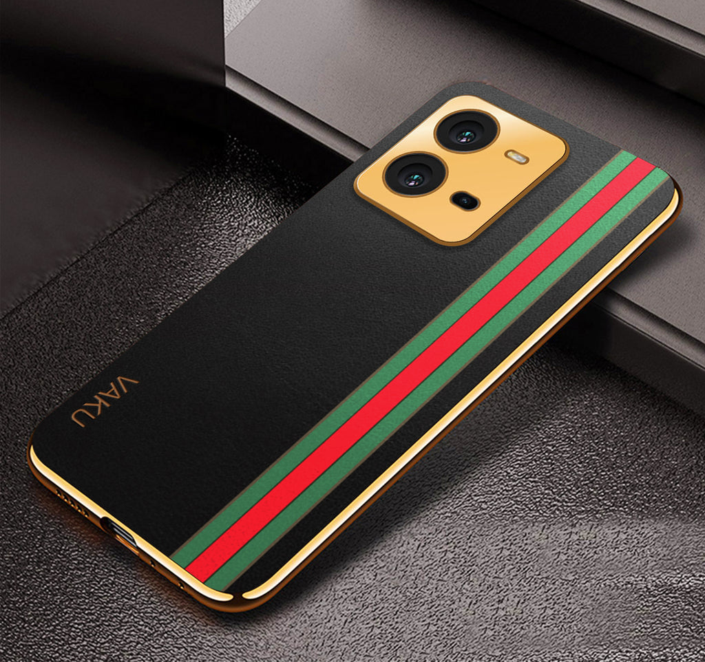 Vaku® Vivo V25 5G Felix Line Leather Stitched Gold Electroplated Soft TPU Back Cover Case