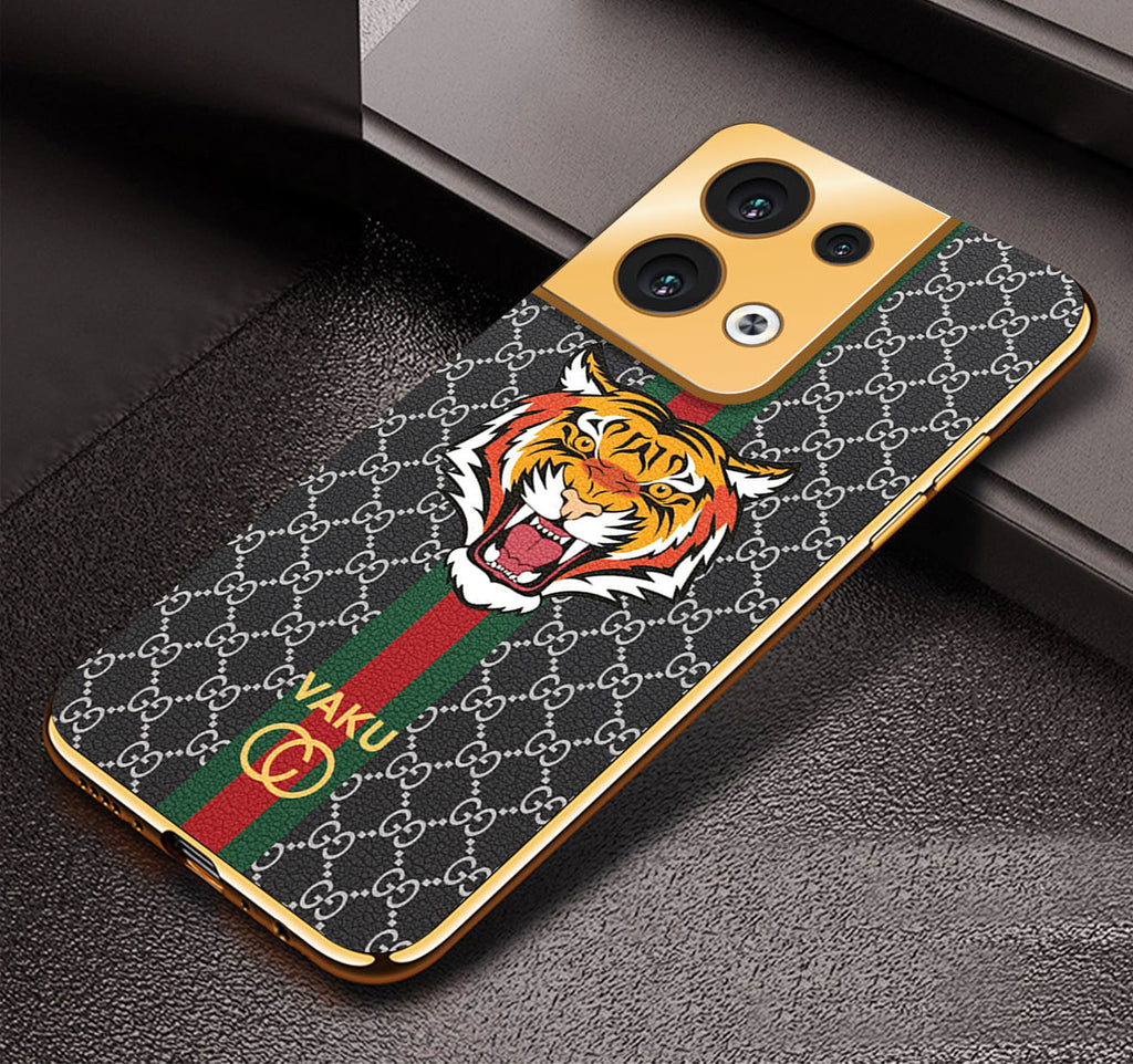 Vaku® Oppo Reno8 5G Lynx Designer Leather Pattern Gold Electroplated Soft TPU Back Cover Case