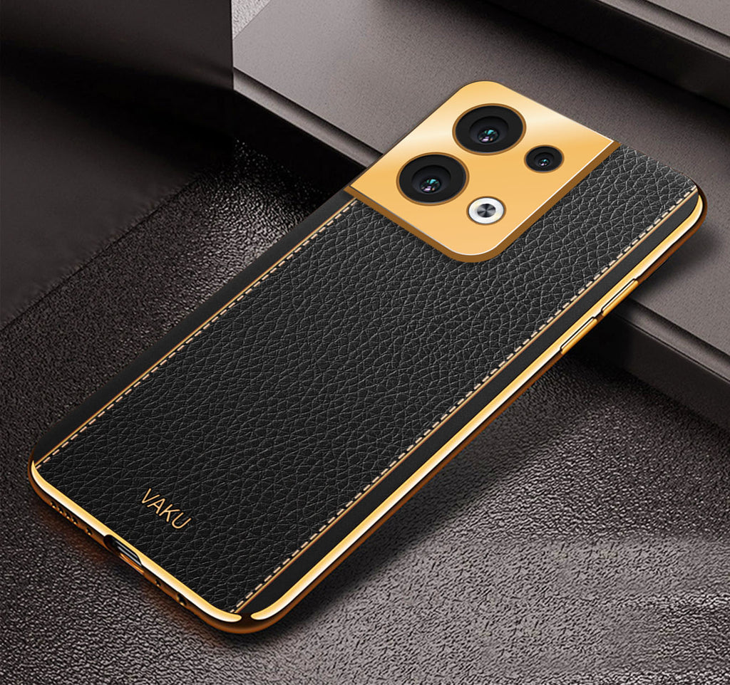 Vaku ® Oppo Reno8 5G Luxemberg Series Leather Stitched Gold Electroplated Soft TPU Back Cover