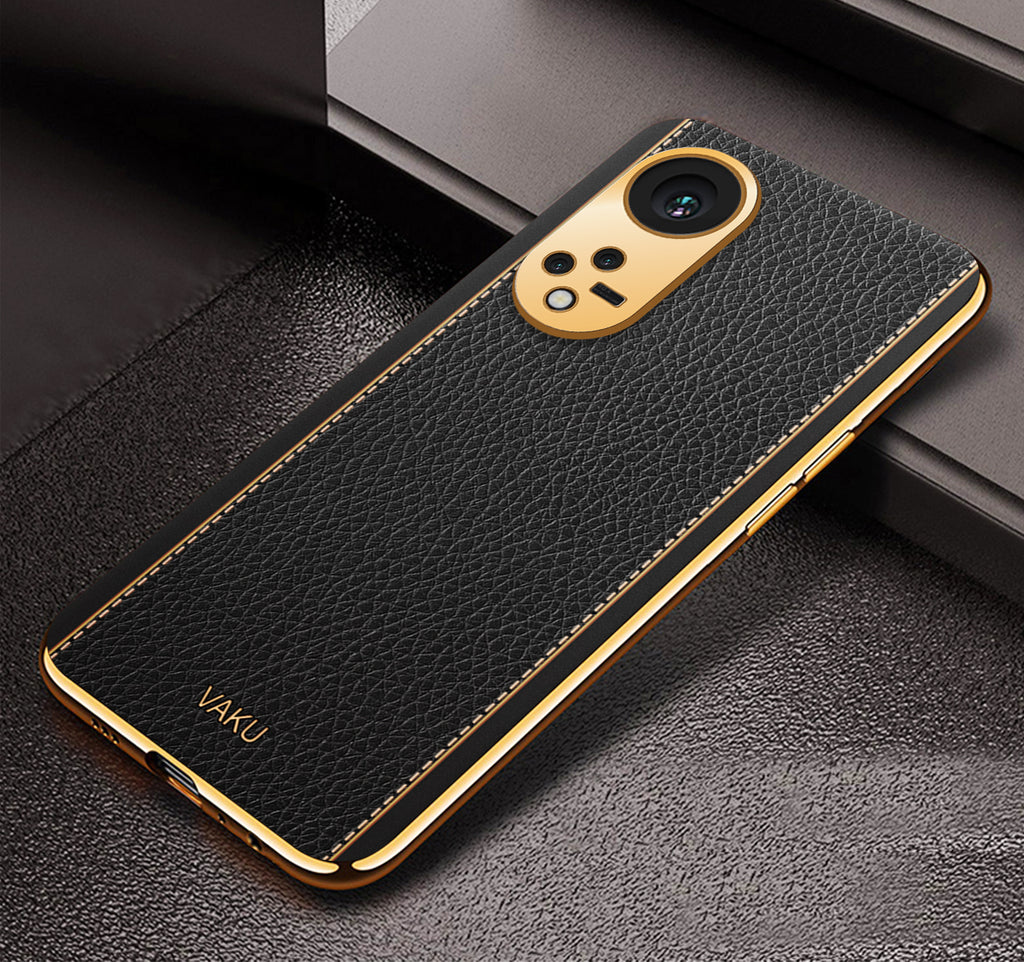 Vaku® Oppo Reno8T 5G Luxemberg Series Leather Stitched Gold Electroplated Soft TPU Back Cover