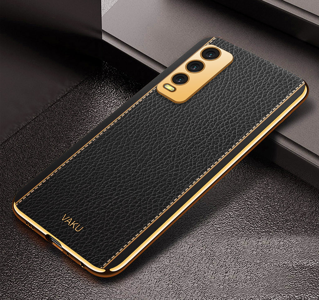 Vaku® Vivo Y20 Luxemberg Series Leather Stitched Gold Electroplated Soft TPU Back Cover