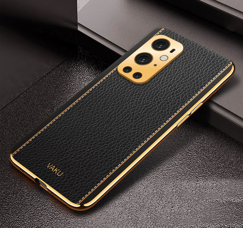 Vaku® OnePlus 9 Pro Luxemberg Series Leather Stitched Gold Electroplated Soft TPU Back Cover