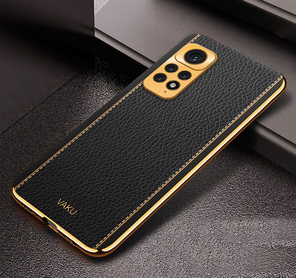 Vaku® Redmi Note 11 Luxemberg Series Leather Stitched Gold Electroplated Soft TPU Back Cover