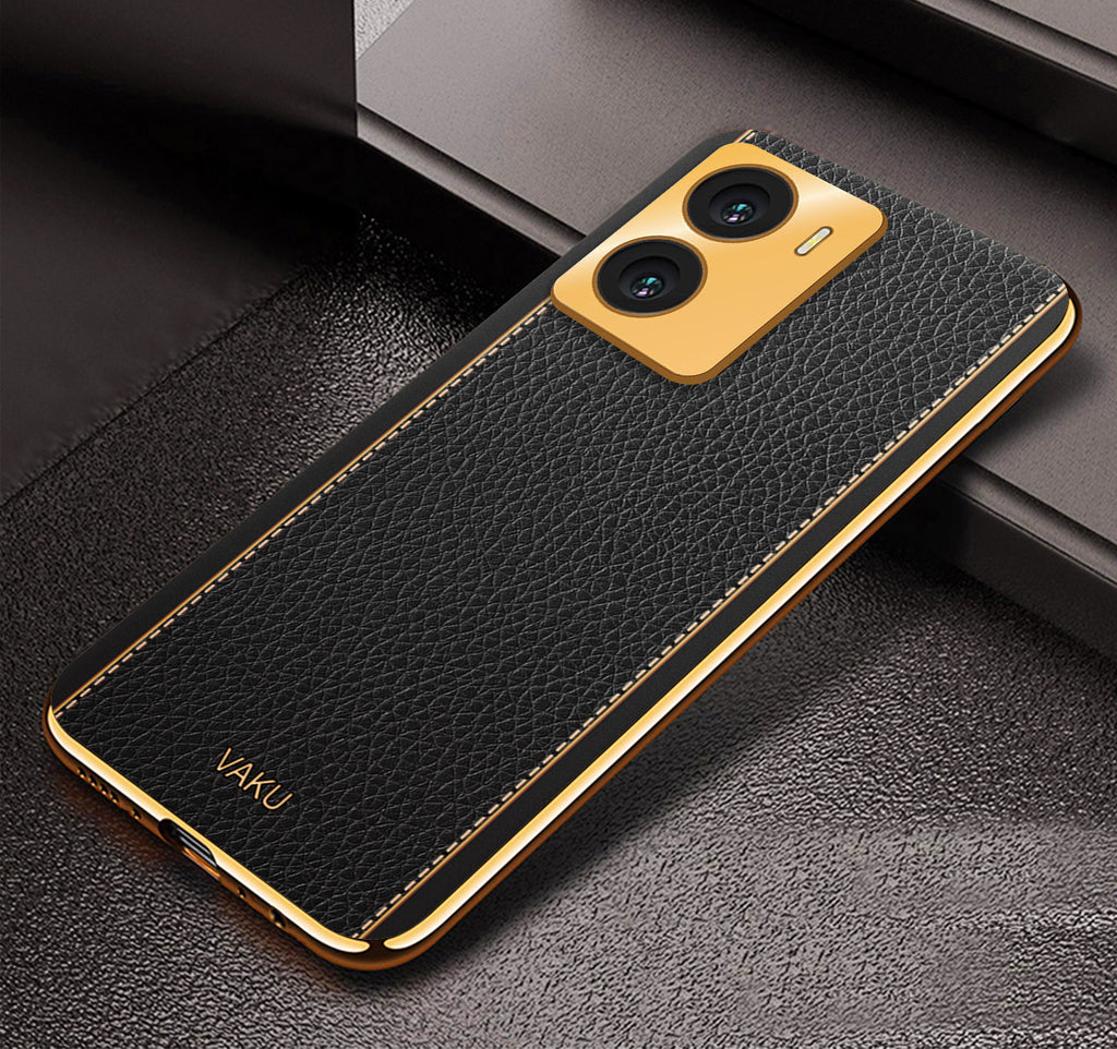 Vaku® Vivo Y56 Luxemberg Series Leather Stitched Gold Electroplated Soft TPU Back Cover