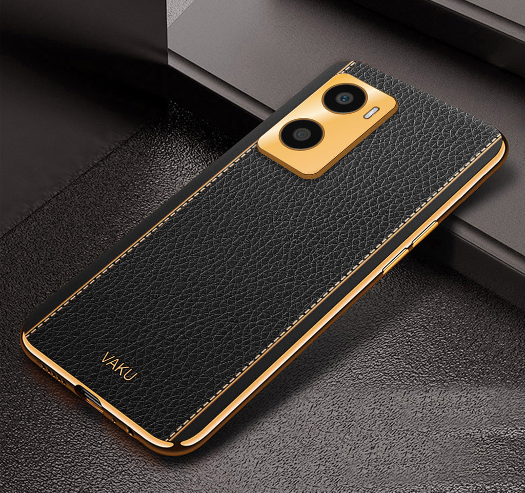 Vaku® Oppo A96 Luxemberg Series Leather Stitched Gold Electroplated Soft TPU Back Cover