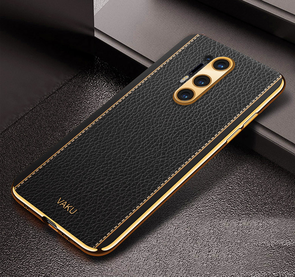 Vaku® OnePlus 8 Pro Luxemberg Series Leather Stitched Gold Electroplated Soft TPU Back Cover