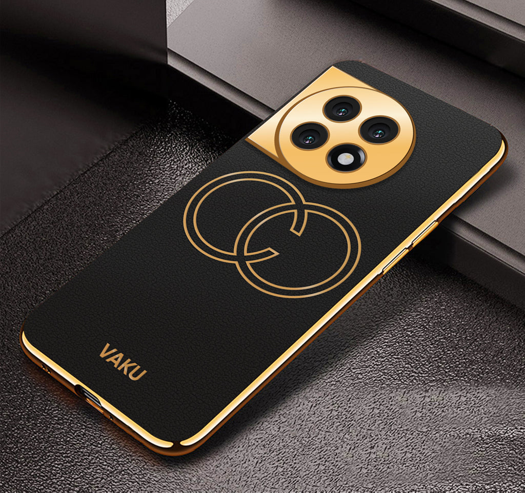 Vaku ® OnePlus 11R Skylar Series Leather Stitched Gold Electroplated Soft TPU Back Cover
