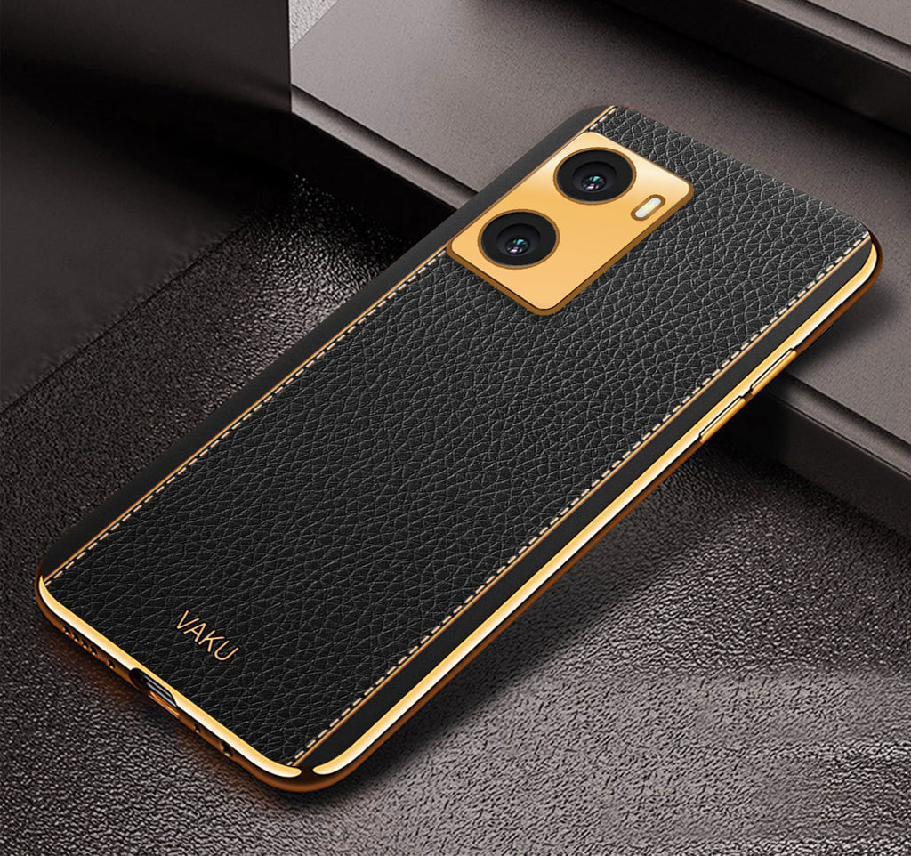 Vaku® Oppo A77 4G Luxemberg Series Leather Stitched Gold Electroplated Soft TPU Back Cover
