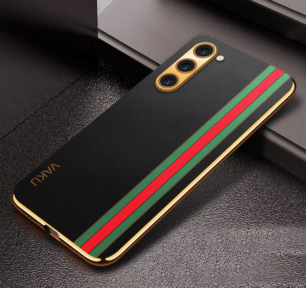 Vaku® Samsung Galaxy S22 Felix Line Leather Stitched Gold Electroplated Soft TPU Back Cover Case