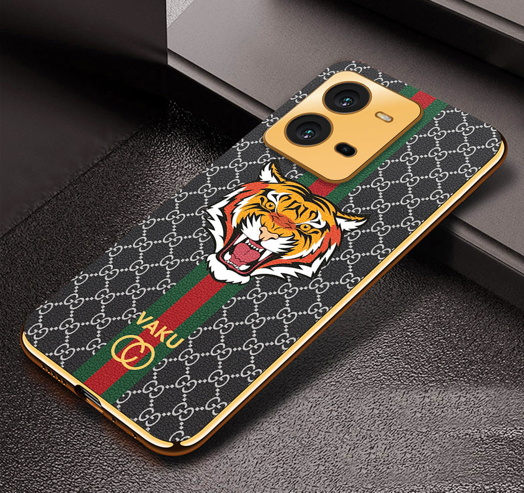 Vaku® Vivo V25 5G Lynx Designer Leather Pattern Gold Electroplated Soft TPU Back Cover Case