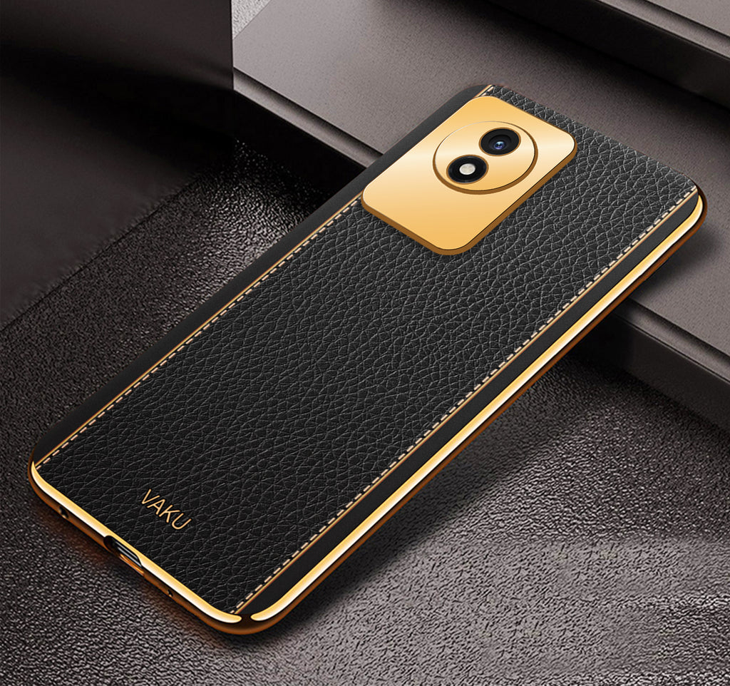 Vaku® Vivo Y02 Luxemberg Series Leather Stitched Gold Electroplated Soft TPU Back Cover
