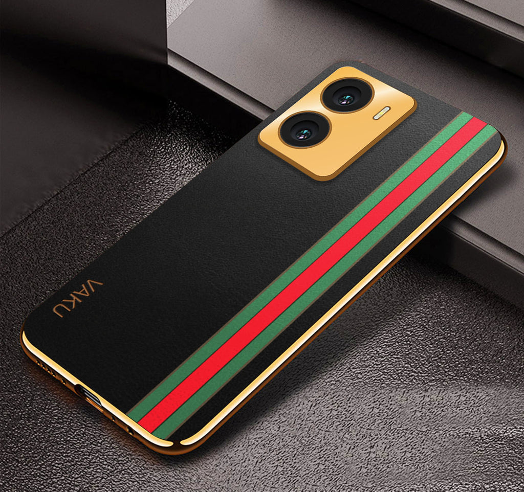 Vaku® Vivo Y56 Felix Line Leather Stitched Gold Electroplated Soft TPU Back Cover Case