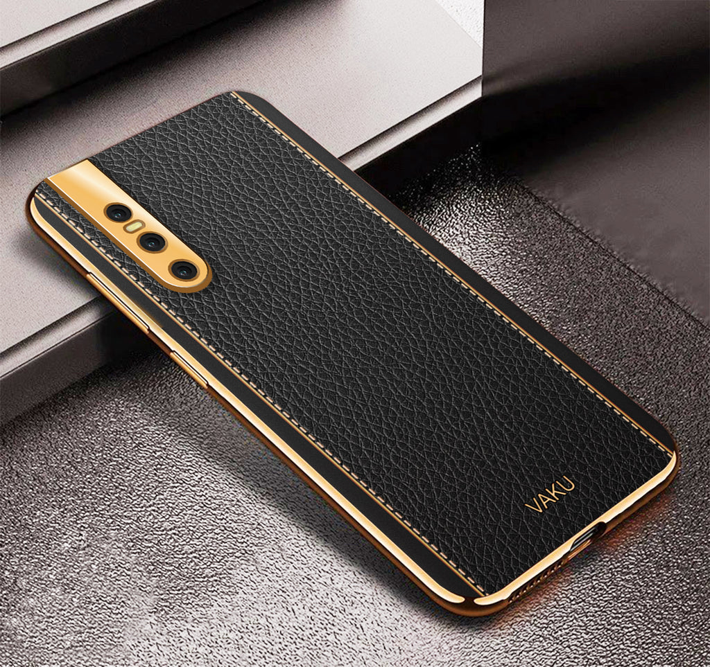 Vaku® Vivo V15 Pro Luxemberg Series Leather Stitched Gold Electroplated Soft TPU Back Cover