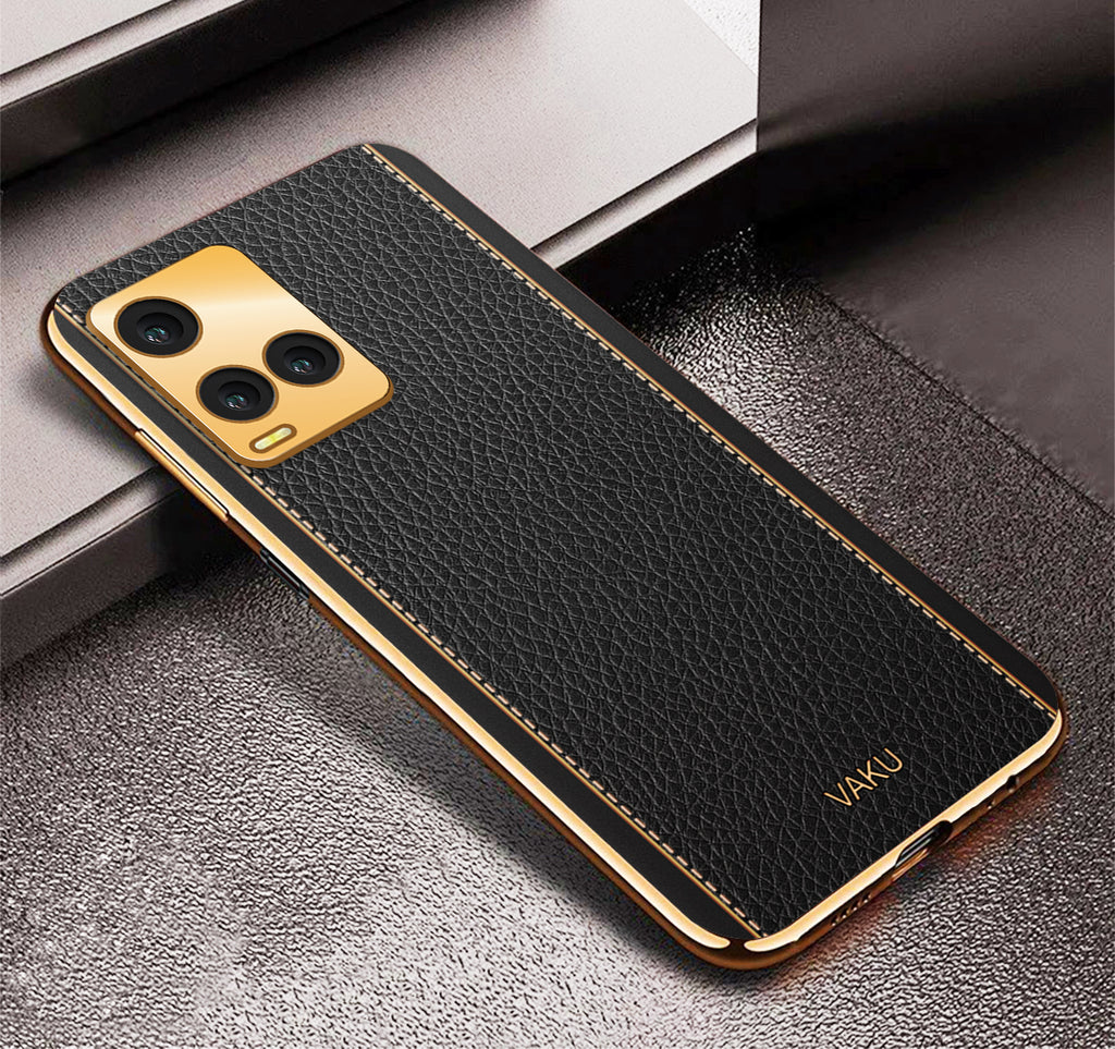 Vaku ® Vivo Y33T Luxemberg Series Leather Stitched Gold Electroplated Soft TPU Back Cover