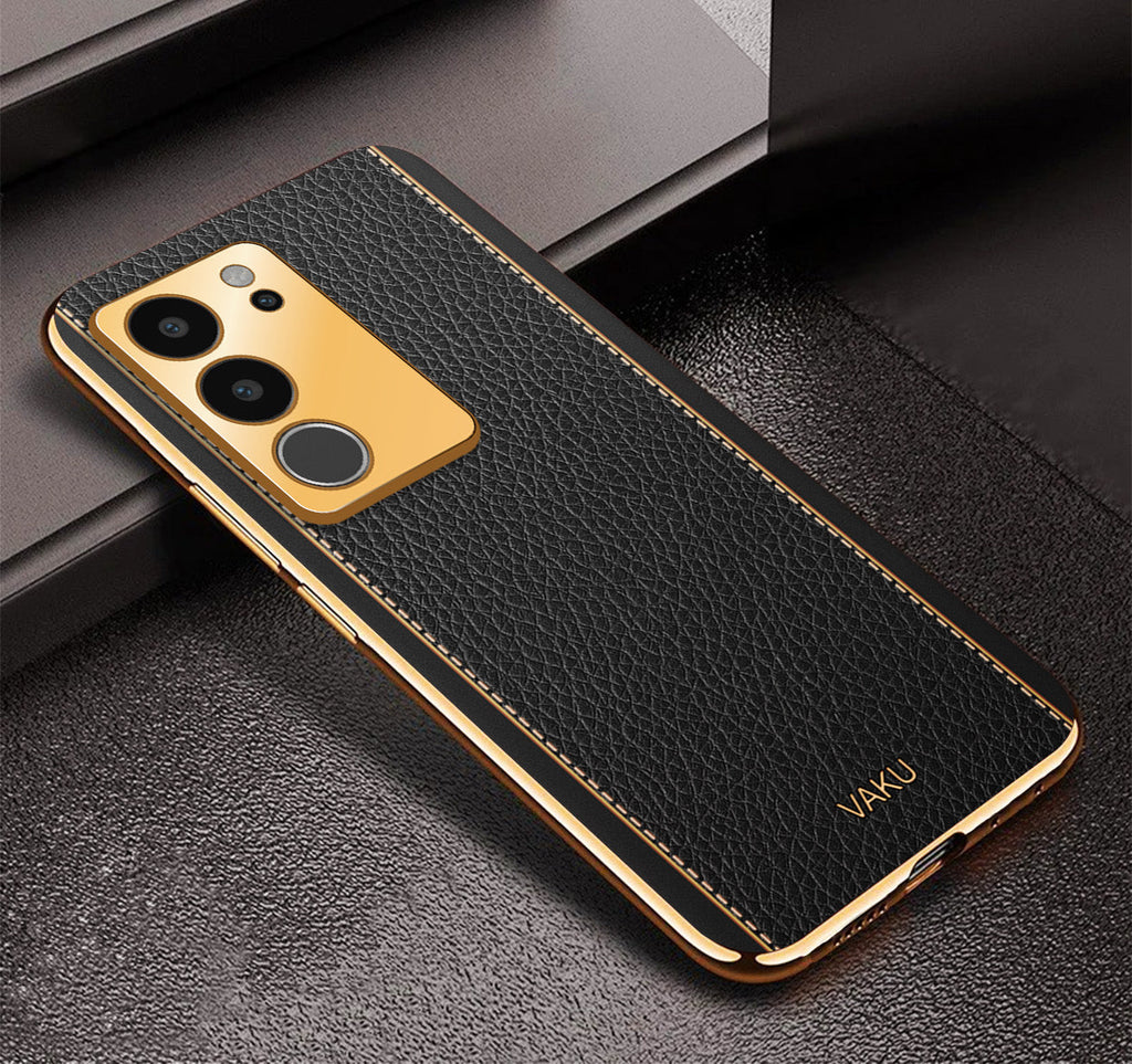 Vaku® Vivo V29 5G Luxemberg Leather Pattern Gold Electroplated Soft TPU Back Cover
