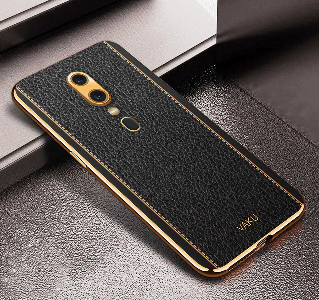 Vaku® Oppo F11 Luxemberg Series Leather Stitched Gold Electroplated Soft TPU Back Cover