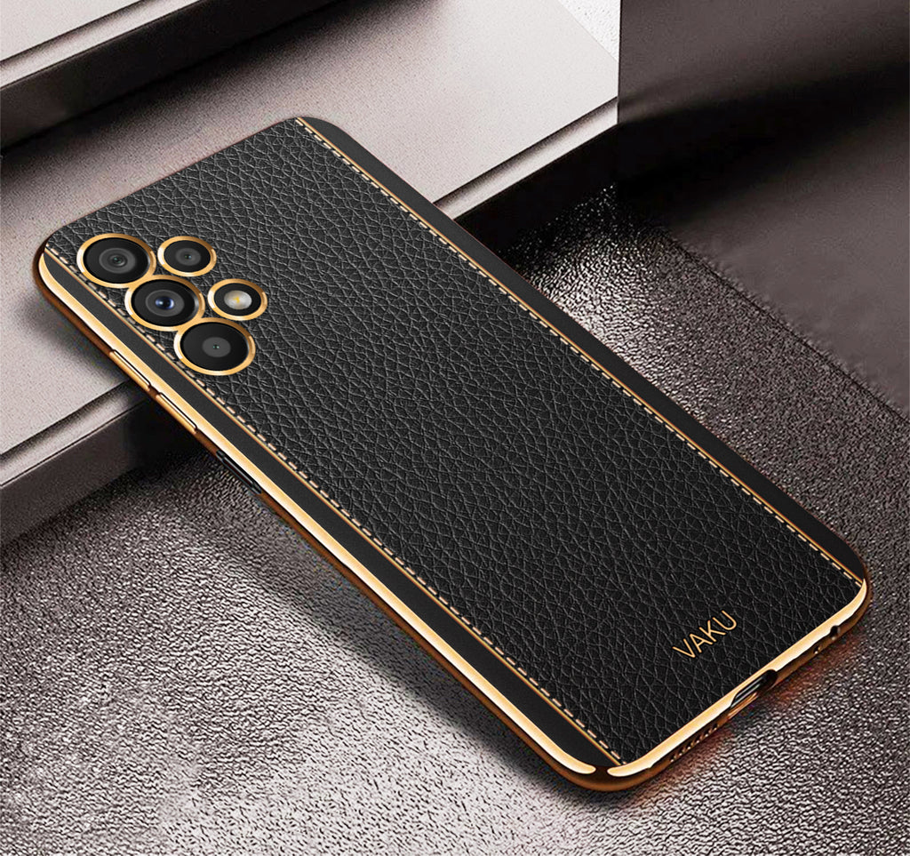 Vaku® Samsung Galaxy A13 Luxemberg Leather Stitched Gold Electroplated Soft TPU Back Cover
