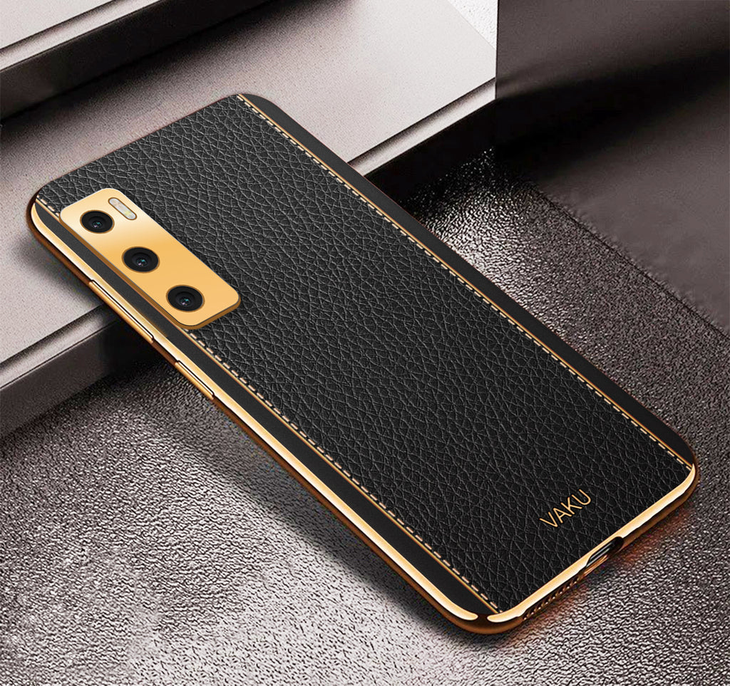 Vaku® Vivo V20 SE Luxemberg Series Leather Stitched Gold Electroplated Soft TPU Back Cover