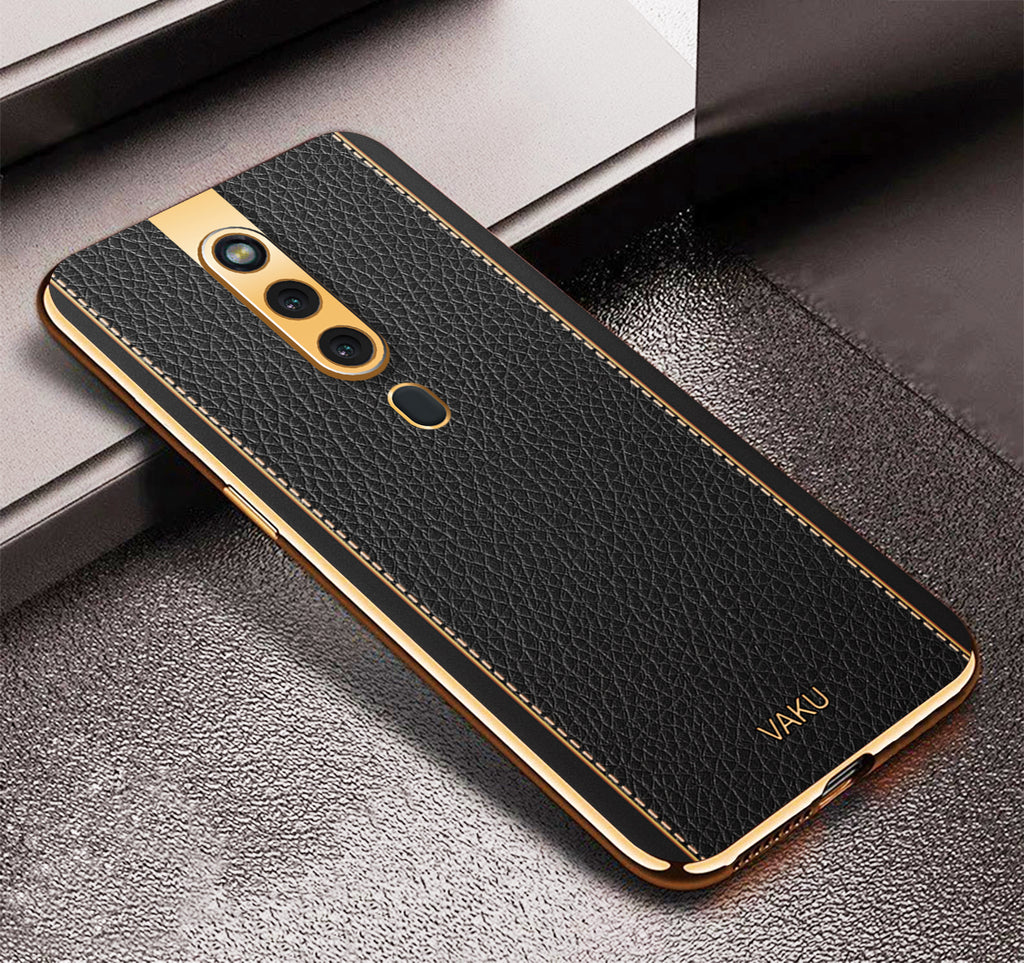 Vaku® Oppo F11 Pro Luxemberg Series Leather Stitched Gold Electroplated Soft TPU Back Cover
