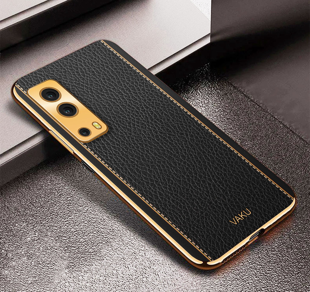 Vaku® iQOO Z3 5G Luxemberg Series Leather Stitched Gold Electroplated Soft TPU Back Cover