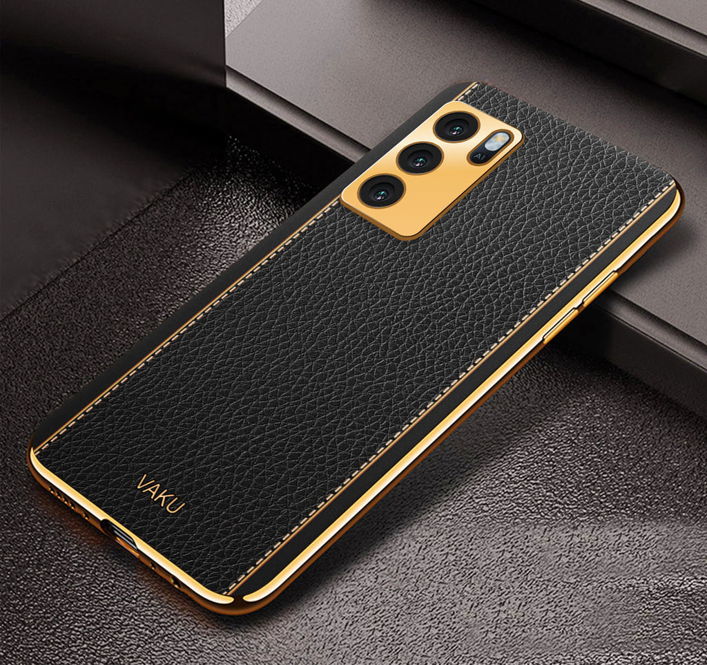 Vaku® Oppo A16 Luxemberg Series Leather Stitched Gold Electroplated Soft TPU Back Cover
