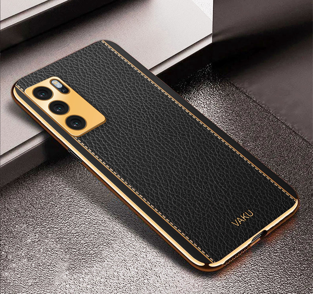 Vaku® Oppo A16 Luxemberg Series Leather Stitched Gold Electroplated Soft TPU Back Cover