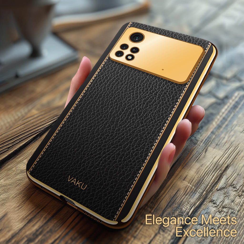 Vaku ® Xiaomi Poco X4 Pro Luxemberg Series Leather Stitched Gold Electroplated Soft TPU Back Cover