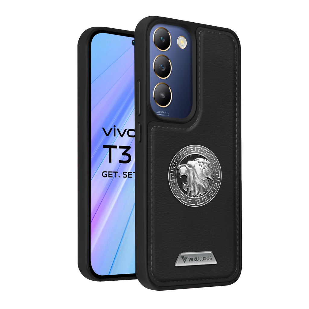 Vaku ® Vivo T3 5G Regal Shield Metal Lion Engraved Leather Back Cover